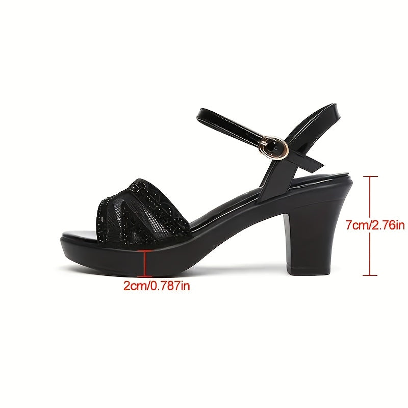 Women's Black Rhinestone-Embellished Chunky Heel Sandals - Breathable Mesh & Synthetic Cover Open-Toe Dress Shoes with Buckle Closure, Comfortable Mid-Heel for Casual, Office & Party Wear, High Heel Sandals