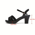 Women's Black Rhinestone-Embellished Chunky Heel Sandals - Breathable Mesh & Synthetic Cover Open-Toe Dress Shoes with Buckle Closure, Comfortable Mid-Heel for Casual, Office & Party Wear, High Heel Sandals