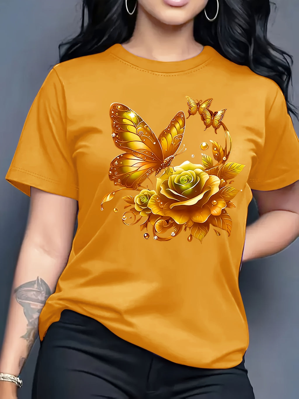 Women'S Casual Crew Neck T-Shirt with Purple Rose and Butterfly Graphic Print, Short Sleeve Regular Length Top for Spring and Summer, Ideal Birthday or Holiday Gift, Ladies T Shirts