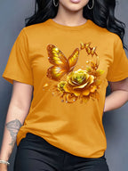 Women'S Casual Crew Neck T-Shirt with Purple Rose and Butterfly Graphic Print, Short Sleeve Regular Length Top for Spring and Summer, Ideal Birthday or Holiday Gift, Ladies T Shirts