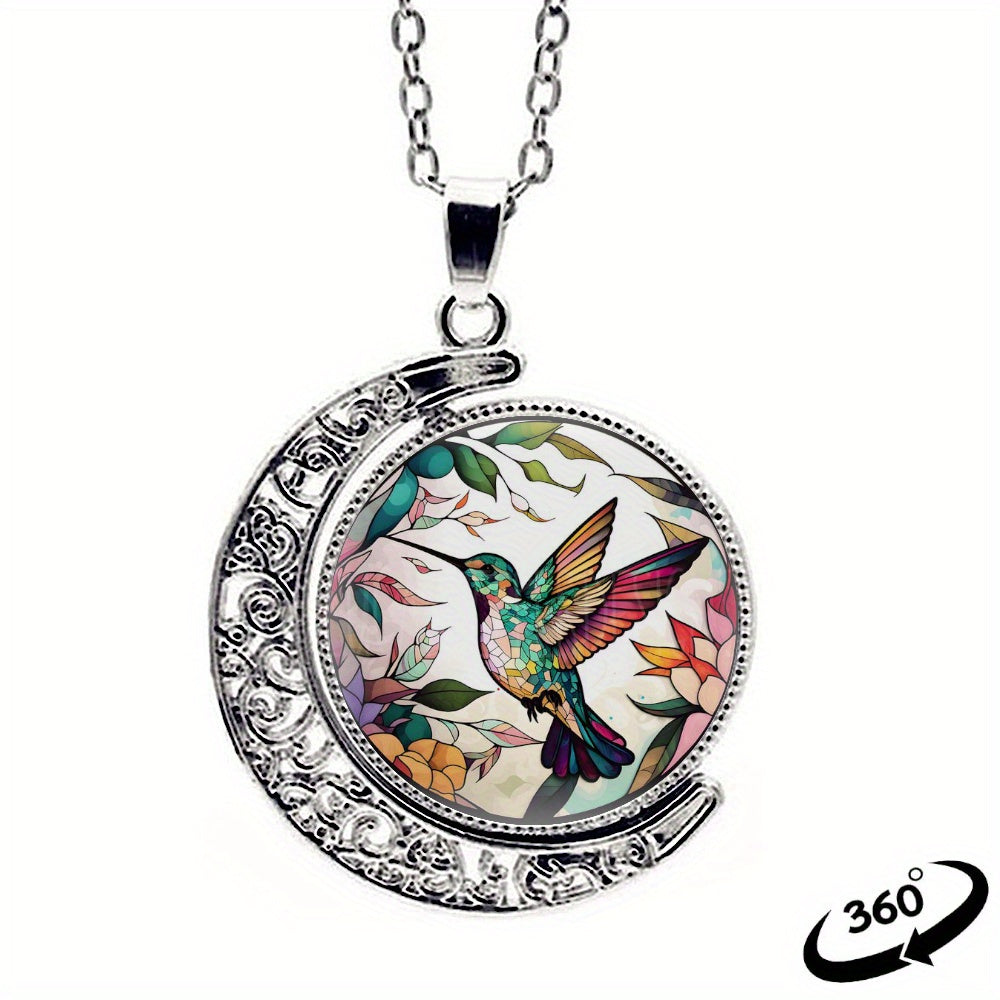 Elegant Fashion Colorful Hummingbird Crescent Half Moon 360¡ã Rotation Round Crystal Pendant Necklace Creative Men Women Jewelry Gifts