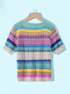 Women'S Casual Rainbow Striped Short Sleeve Cardigan - Comfortable Polyester Knit, Breathable & Stylish, Round Neck, Summer Top, Casual Summer Top|Striped Cardigan|Knit Construction, Ladies Cardigan