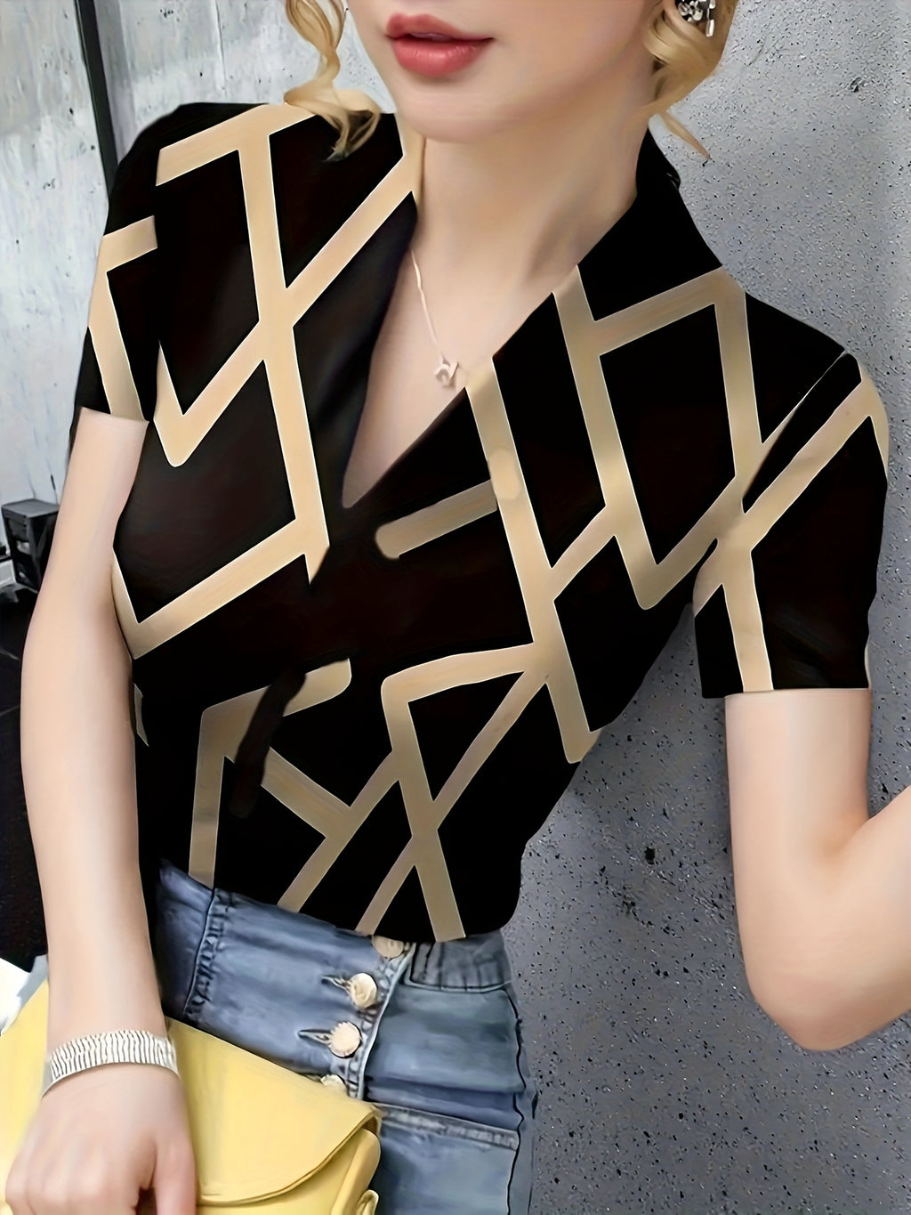 Women's V-Neck Short Sleeve T-Shirt - Slim Fit High Elasticity Ice Silky Polyester-Spandex Blend, Geometric Print Black & Golden Summer Top for Casual & Formal Wear, Ladies T Shirts