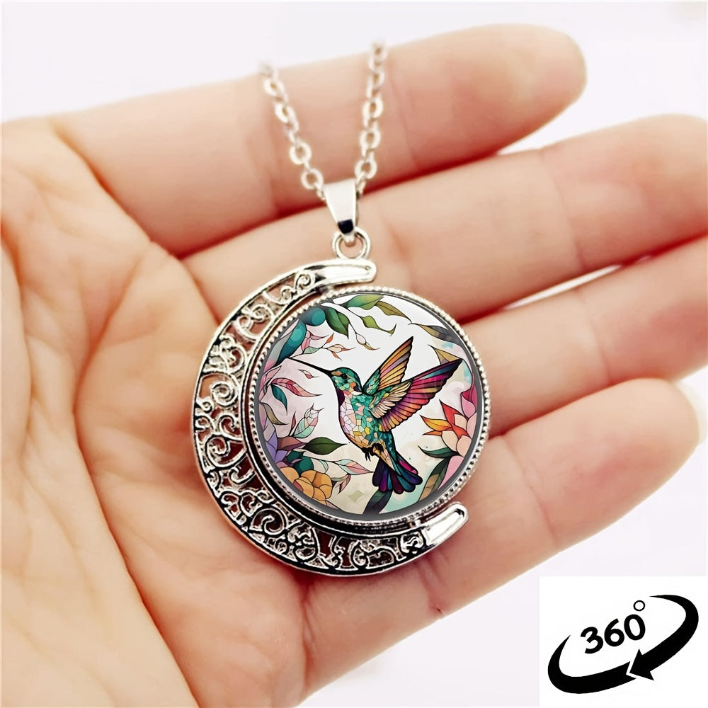 Elegant Fashion Colorful Hummingbird Crescent Half Moon 360¡ã Rotation Round Crystal Pendant Necklace Creative Men Women Jewelry Gifts