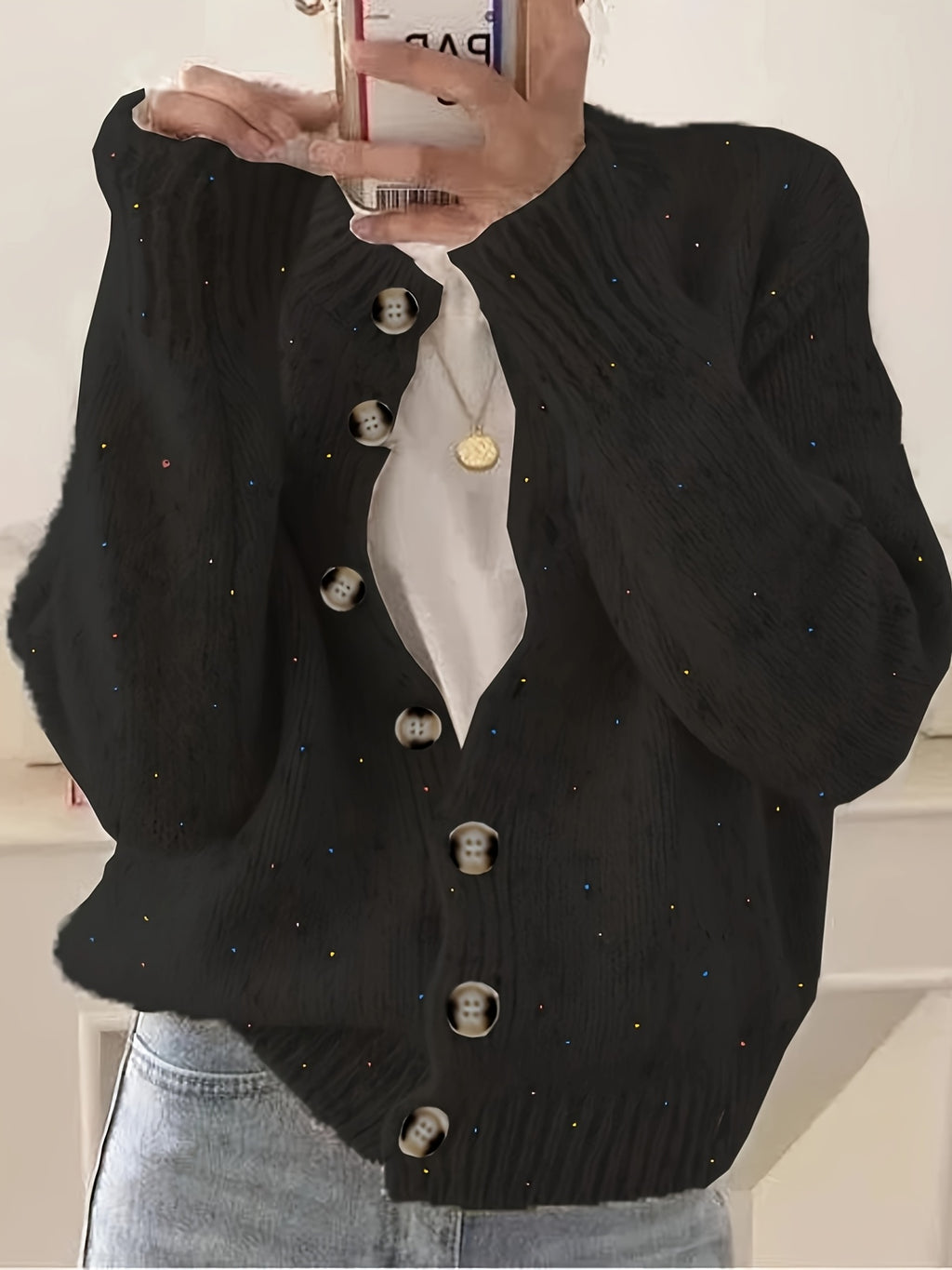 Rachel Women's Elegant Stretchy Camo Button Cardigan - High Elasticity Round Neck Spring\u002FFall Sweater with Decorative Buttons, Hand Wash\u002FDry Clean, Casual to Dressy Outfits, Classic Sweater for Ladies, Outfit Enhancer, Textured, Durable