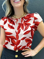 Women'S Casual Blue Floral Print Short Sleeve Blouse - Ruched Bust, Crew Neck, Relaxed Fit for Spring\u002FSummer, Weekend Attire, Casual Wear|Floral Print Top|Ruched Detailing