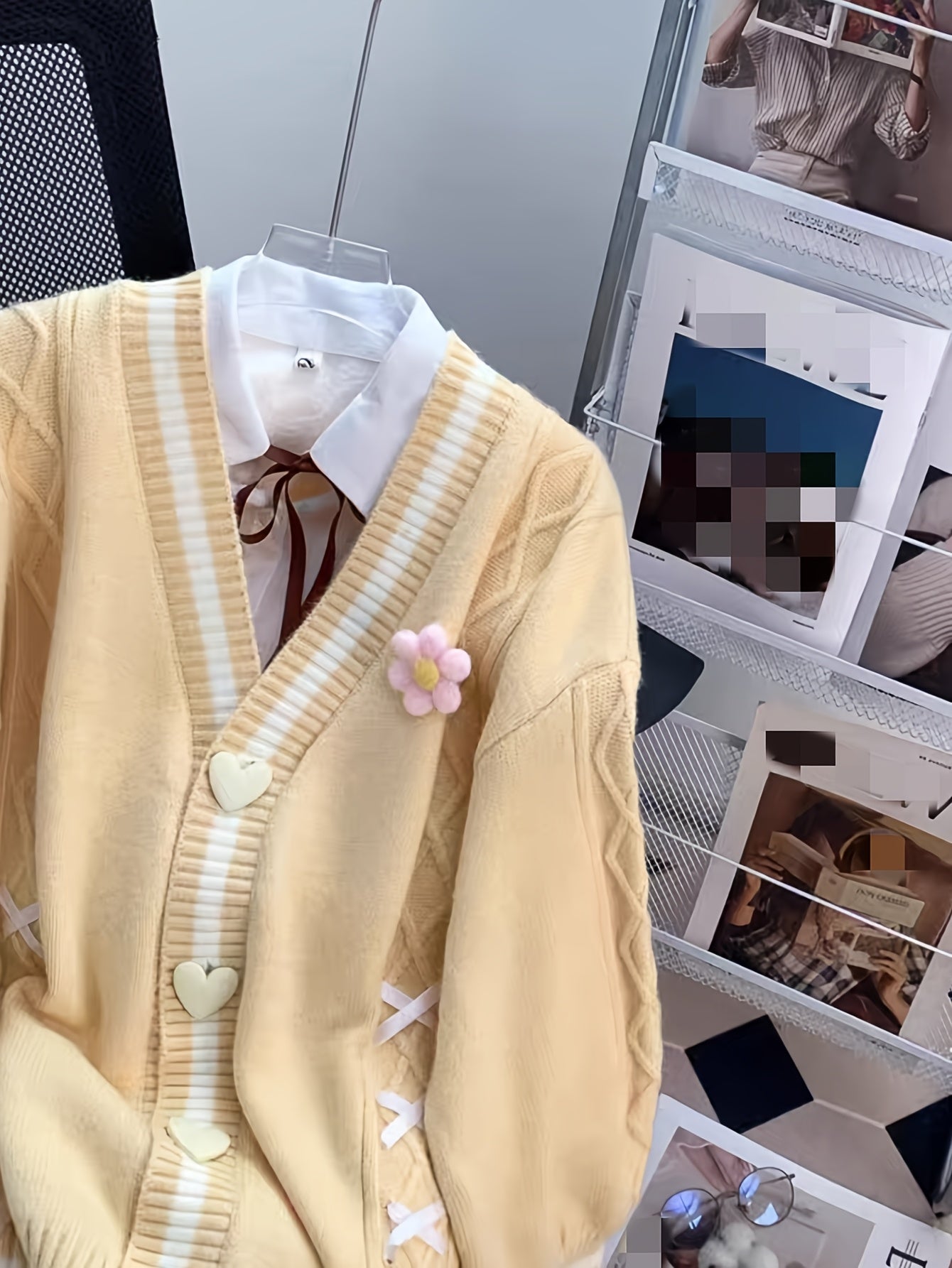 Women'S V-Neck Cardigan with Color Block Design, Acrylic Blend Knit Sweater, with Button Details and Drawstring for All Seasons