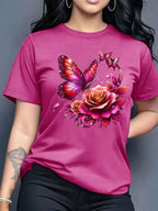 Women'S Casual Crew Neck T-Shirt with Purple Rose and Butterfly Graphic Print, Short Sleeve Regular Length Top for Spring and Summer, Ideal Birthday or Holiday Gift, Ladies T Shirts