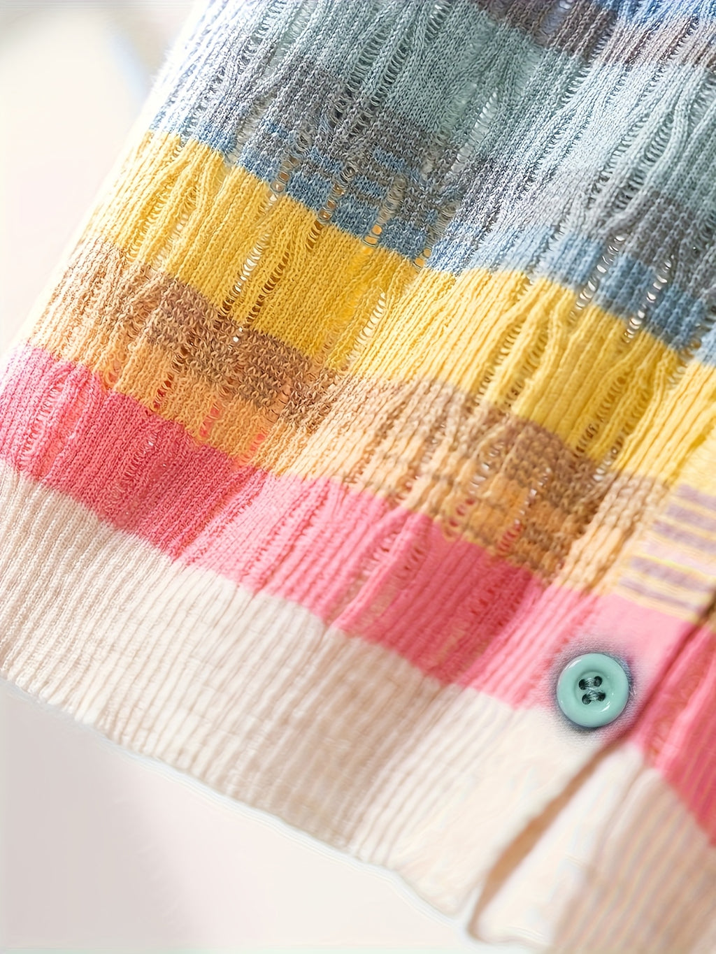 Women'S Casual Rainbow Striped Short Sleeve Cardigan - Comfortable Polyester Knit, Breathable & Stylish, Round Neck, Summer Top, Casual Summer Top|Striped Cardigan|Knit Construction, Ladies Cardigan