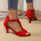 Elegant Red Stiletto Heels for Women - Sexy Back Zipper, Open Toe, High Heel Fashion Shoes with Black Accents, All-Season Wear