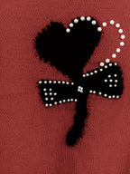 Chic Pink Knit Sweater with Bow Detail - Casual Crew Neck, Beaded Accents, Ribbed Cuffs & Hem, All-Season Women'S Fashion Top, Stylish Layering Piece | Bow Detail Top | Knitted Textur