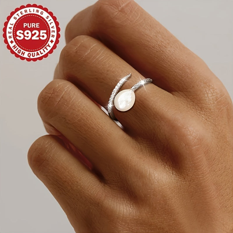 1 Adjustable Freshwater Freshwater Pearls Open Ring, S925 Sterling Silvery Oval Flawless Adjustable Open U-Shaped Ring, Hypoallergenic 2.4g, Suitable for Multiple Occasions