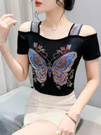 Elegant Off-Shoulder Butterfly Rhinestone Top - High Stretch Mesh, Short Sleeve, Double Layer Design, Vibrant Floral & Butterfly Pattern, Women's Fashion for Summer