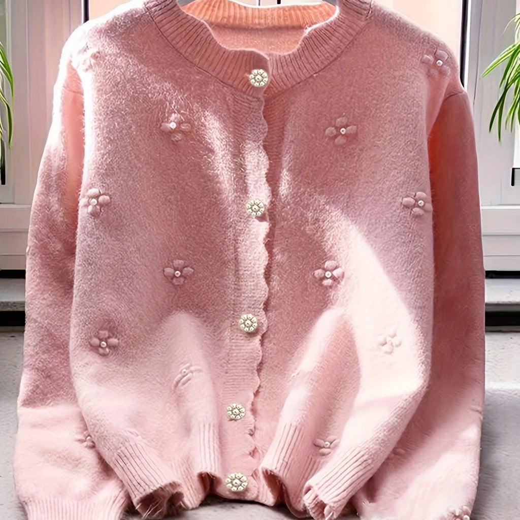 Women's Fashion Knit Cardigan, Round Neck, Embellished 3D Floral, Long Sleeve, Wavy Hem, Solid Color, Polyester, Regular Length, Button Detail, Elegant Style, Autumn\u002FWinter Season