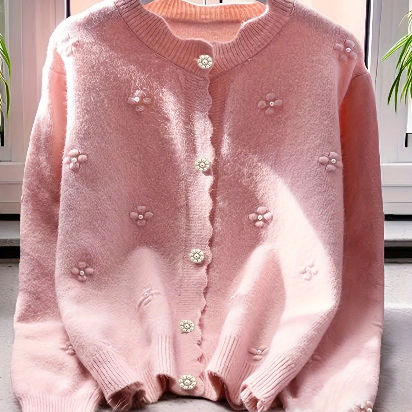 Women's Fashion Knit Cardigan, Round Neck, Embellished 3D Floral, Long Sleeve, Wavy Hem, Solid Color, Polyester, Regular Length, Button Detail, Elegant Style, Autumn\u002FWinter Season