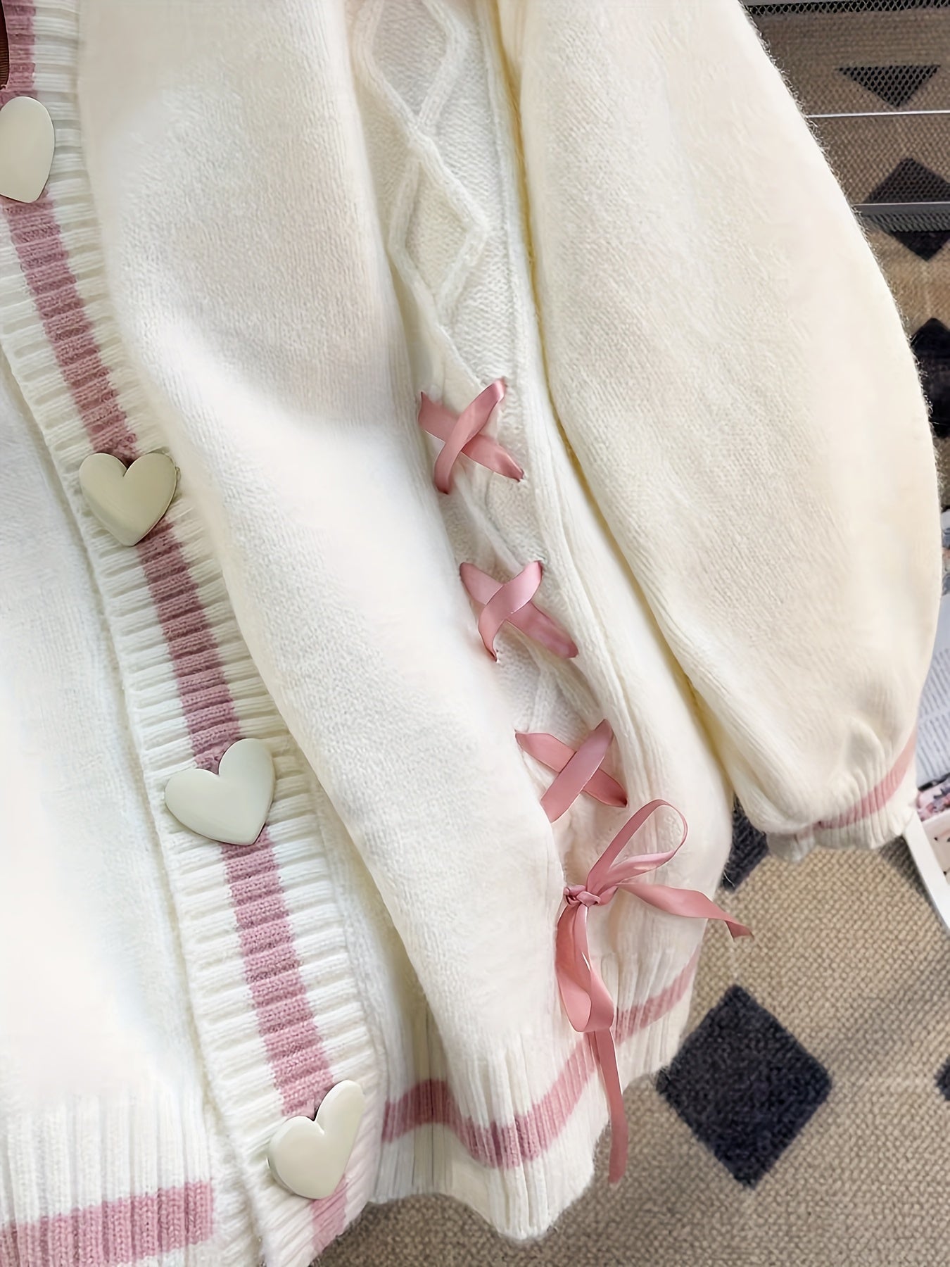 Women'S V-Neck Cardigan with Color Block Design, Acrylic Blend Knit Sweater, with Button Details and Drawstring for All Seasons