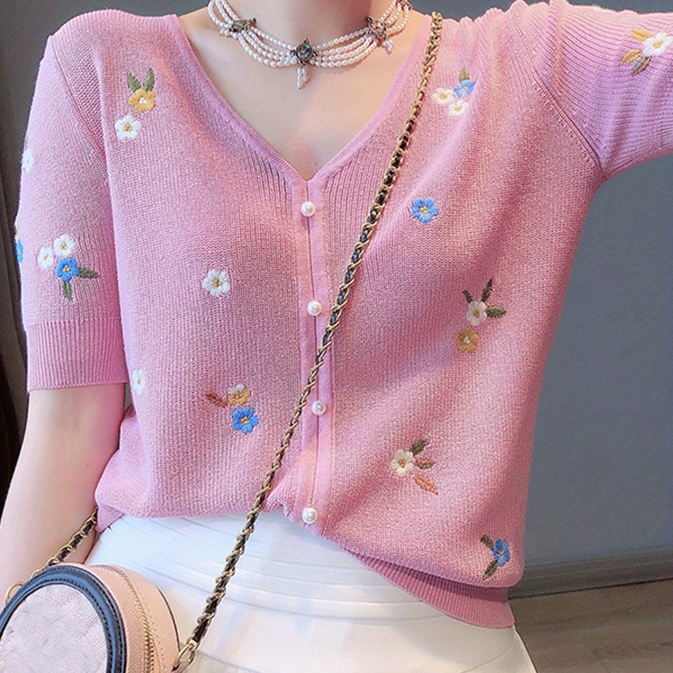 DATY Women's Lightweight V-Neck Short Sleeve Cardigan - Summer Casual Button Front Openwork Design, Soft Pink Sun-Protective Layering Top for Spring\u002FSummer, Short Sleeve Cardigan, Summer Layering Piece, Embroidered Detailing