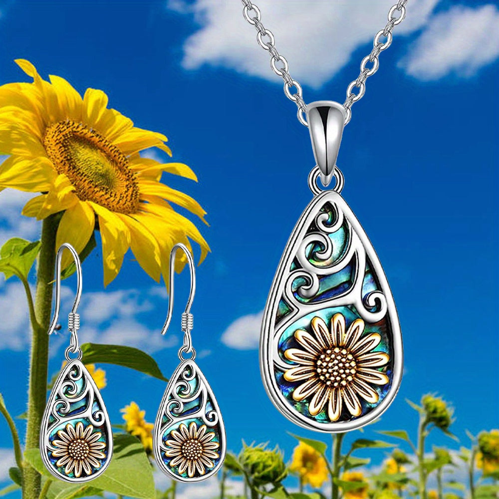 3pcs, Sunflower Water Drop Earrings Necklace Set, Trendy Party Jewelry, Christmas Gift, New Year's Gift, Valentine's Day Gift For Women Mom Girlfriend Family Friends