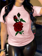 Rose Print Women's Casual Comfortable Crew Neck T-Shirt with Double Shoulder Seams