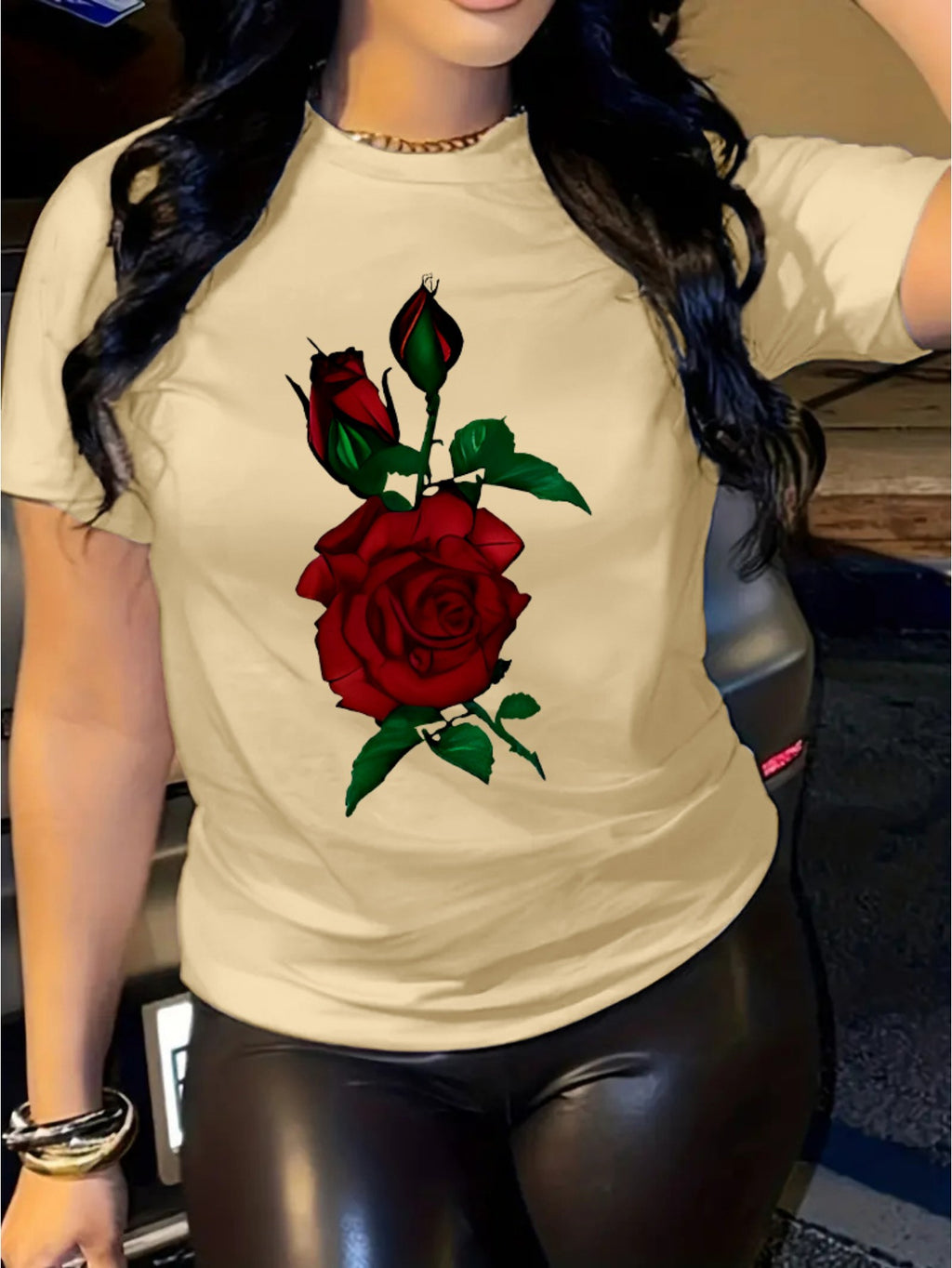 Rose Print Women's Casual Comfortable Crew Neck T-Shirt with Double Shoulder Seams