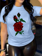 Rose Print Women's Casual Comfortable Crew Neck T-Shirt with Double Shoulder Seams