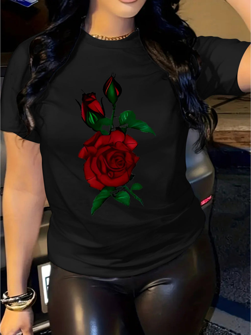 Rose Print Women's Casual Comfortable Crew Neck T-Shirt with Double Shoulder Seams