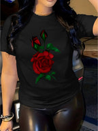 Rose Print Women's Casual Comfortable Crew Neck T-Shirt with Double Shoulder Seams