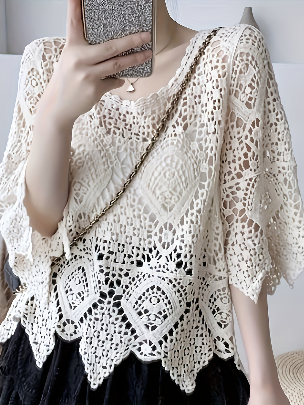 Elegant Crochet Hollow-Out Knit Top - Breathable Cotton Blend, Semi-Sheer, Round Neck - Perfect for Spring & Summer