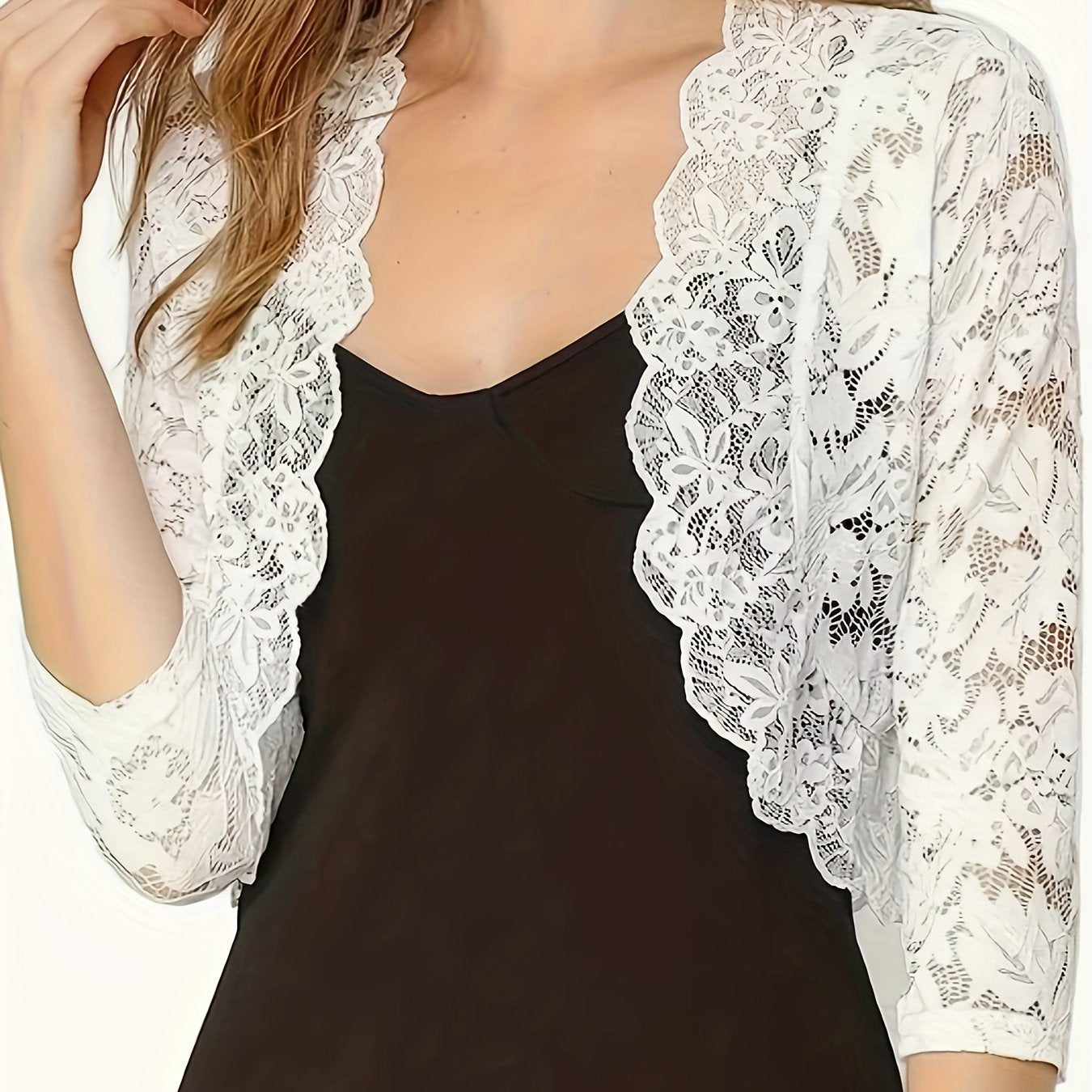 2025 Women'S Elegant Short Collarless Three Quarter Length Sleeve Polyester Knit Fabric Cardigan Top, Solid Color, with Contrast Lace Placket, for Spring\u002FSummer