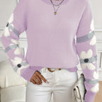 Floral Pattern Round Neck Sweater, Cute Drop Shoulder Long Sleeve Sweater For Fall & Winter, Women's Clothing