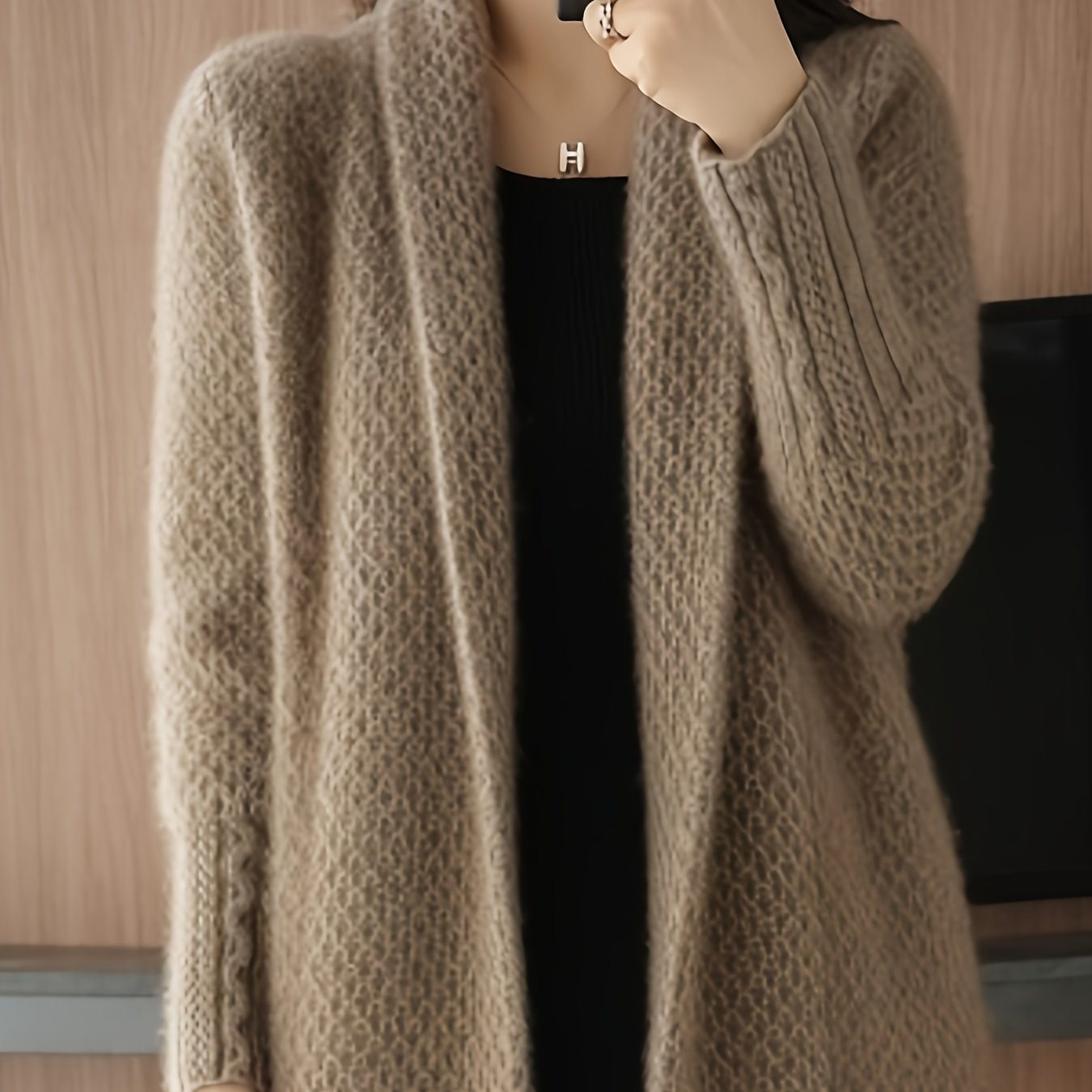 Elegant Long Cardigan Sweater for Women - Autumn\u002FWinter Knitted Fabric, Solid Color, Long Sleeve, Over-the-Knee, Acrylic Material, Reversible Collar Design