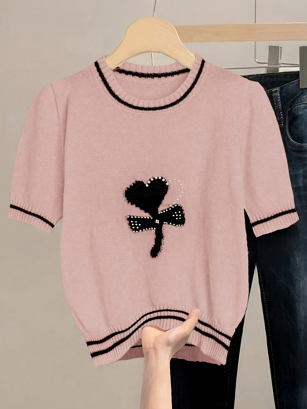 Chic Pink Knit Sweater with Bow Detail - Casual Crew Neck, Beaded Accents, Ribbed Cuffs & Hem, All-Season Women'S Fashion Top, Stylish Layering Piece | Bow Detail Top | Knitted Textur