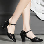 Elegant Cut-Out Women's Pumps with Crystal Embellishment, High Block Heel, Pointed Toe, Single Ankle Strap, Summer Season, Man-Made Upper, Lining & Insole, Rubber Sole