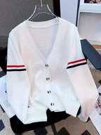 Women's Ice Silky Fiber V-Neck Cardigan - White with Red & Blue Striped Cuffs, Lightweight Long Sleeve Button-Front Spring\u002FFall Layering, Machine Washable Office to Casual Chic