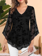 Women's Floral Print V-Neck Blouse with 3\u002F4 Flared Sleeves - Double-Layer Elastic Mesh, Loose Fit Flowy Tunic Top for Casual & Work, Spring\u002FSummer Semi-Sheer Shirt, Ladies Blouses