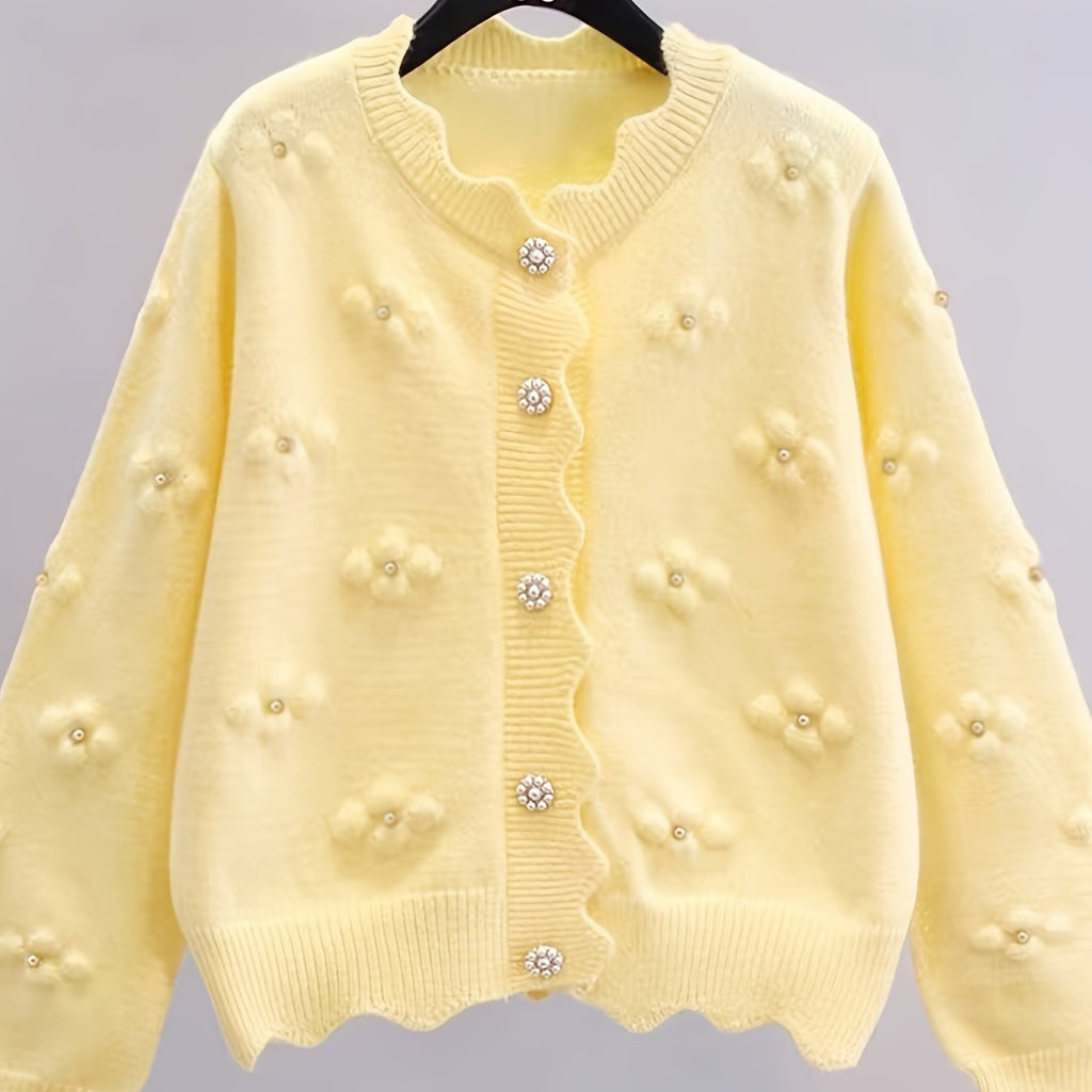 Women's Fashion Knit Cardigan, Round Neck, Embellished 3D Floral, Long Sleeve, Wavy Hem, Solid Color, Polyester, Regular Length, Button Detail, Elegant Style, Autumn\u002FWinter Season