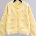 Women's Fashion Knit Cardigan, Round Neck, Embellished 3D Floral, Long Sleeve, Wavy Hem, Solid Color, Polyester, Regular Length, Button Detail, Elegant Style, Autumn\u002FWinter Season