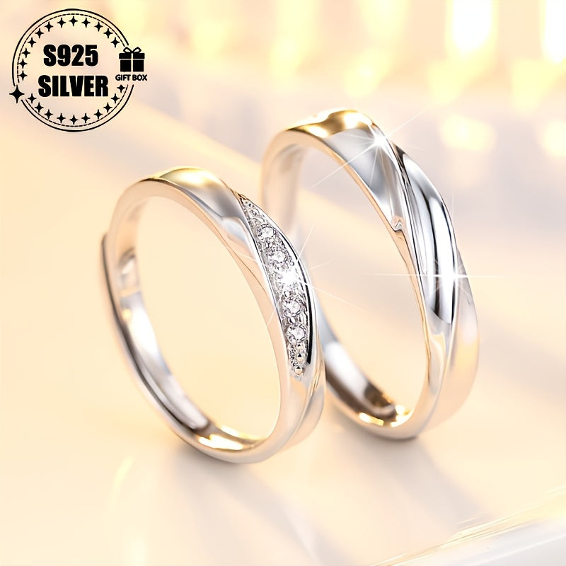 Adjustable 925 Sterling Silver Couple Ring - Hypoallergenic, Classic Luxury Elegant Jewelry Gift for Men and Women, Fashion Accessory, Suitable for Daily Wear, Light Wave, Holiday Gift