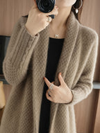 Elegant Long Cardigan Sweater for Women - Autumn\u002FWinter Knitted Fabric, Solid Color, Long Sleeve, Over-the-Knee, Acrylic Material, Reversible Collar Design