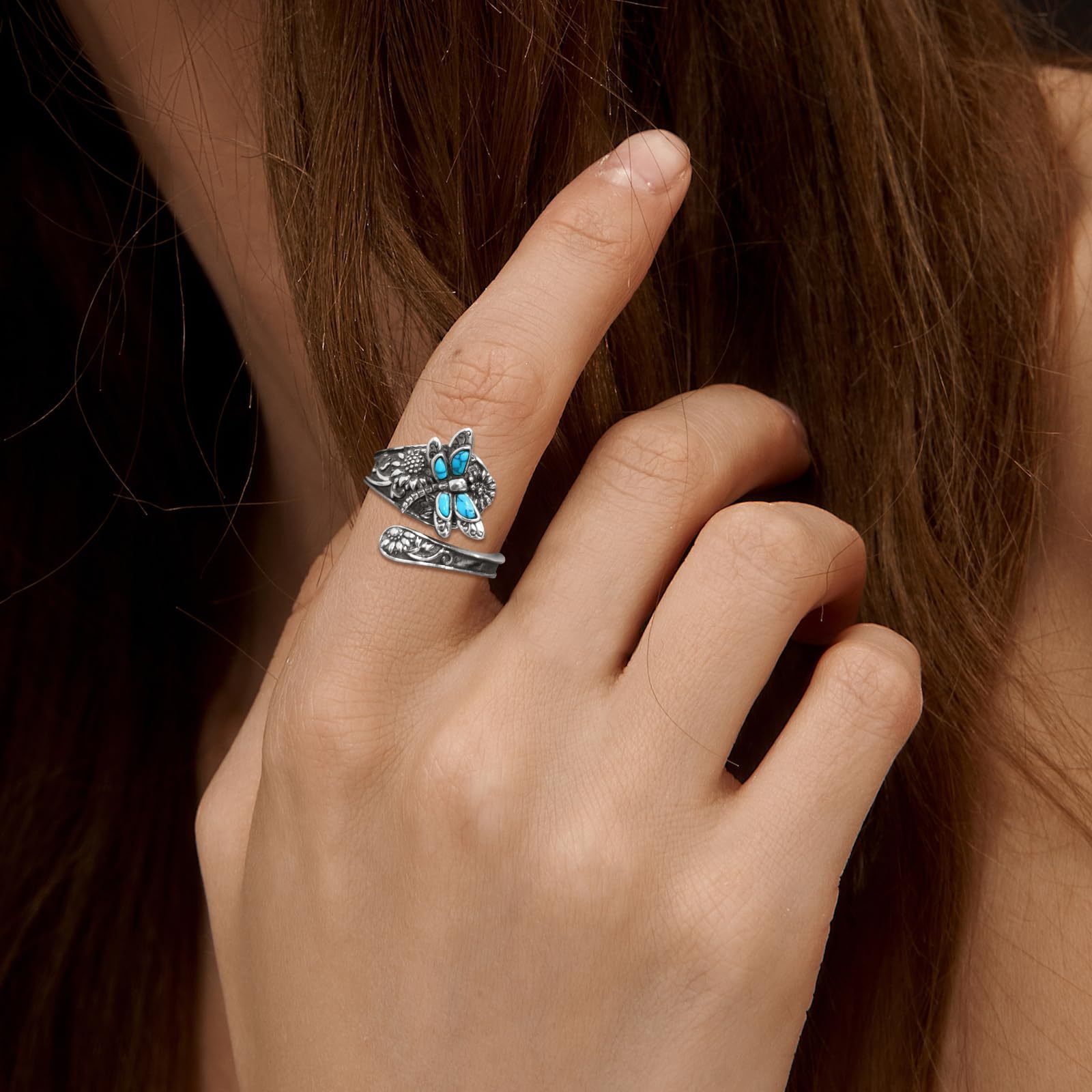 Vintage Boho Silvery Sunflower Rings Dragonfly\u002FButterfly Spoon Ring for Women s Victorian Style Antique Floral Jewelry Party Jewely Anniversary Gifts Adjustable