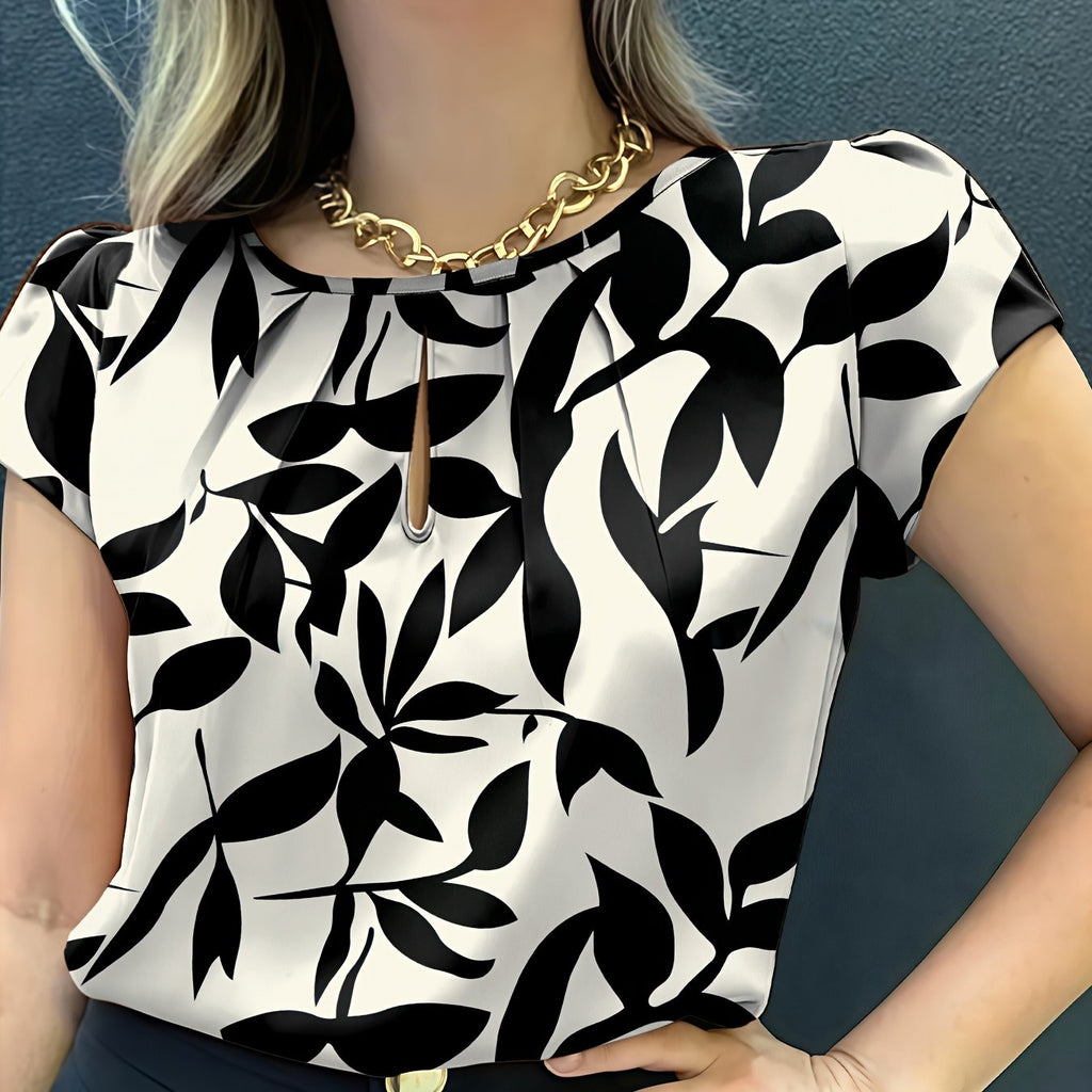 Women'S Casual Blue Floral Print Short Sleeve Blouse - Ruched Bust, Crew Neck, Relaxed Fit for Spring\u002FSummer, Weekend Attire, Casual Wear|Floral Print Top|Ruched Detailing