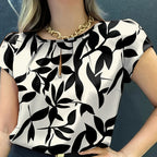 Women'S Casual Blue Floral Print Short Sleeve Blouse - Ruched Bust, Crew Neck, Relaxed Fit for Spring\u002FSummer, Weekend Attire, Casual Wear|Floral Print Top|Ruched Detailing