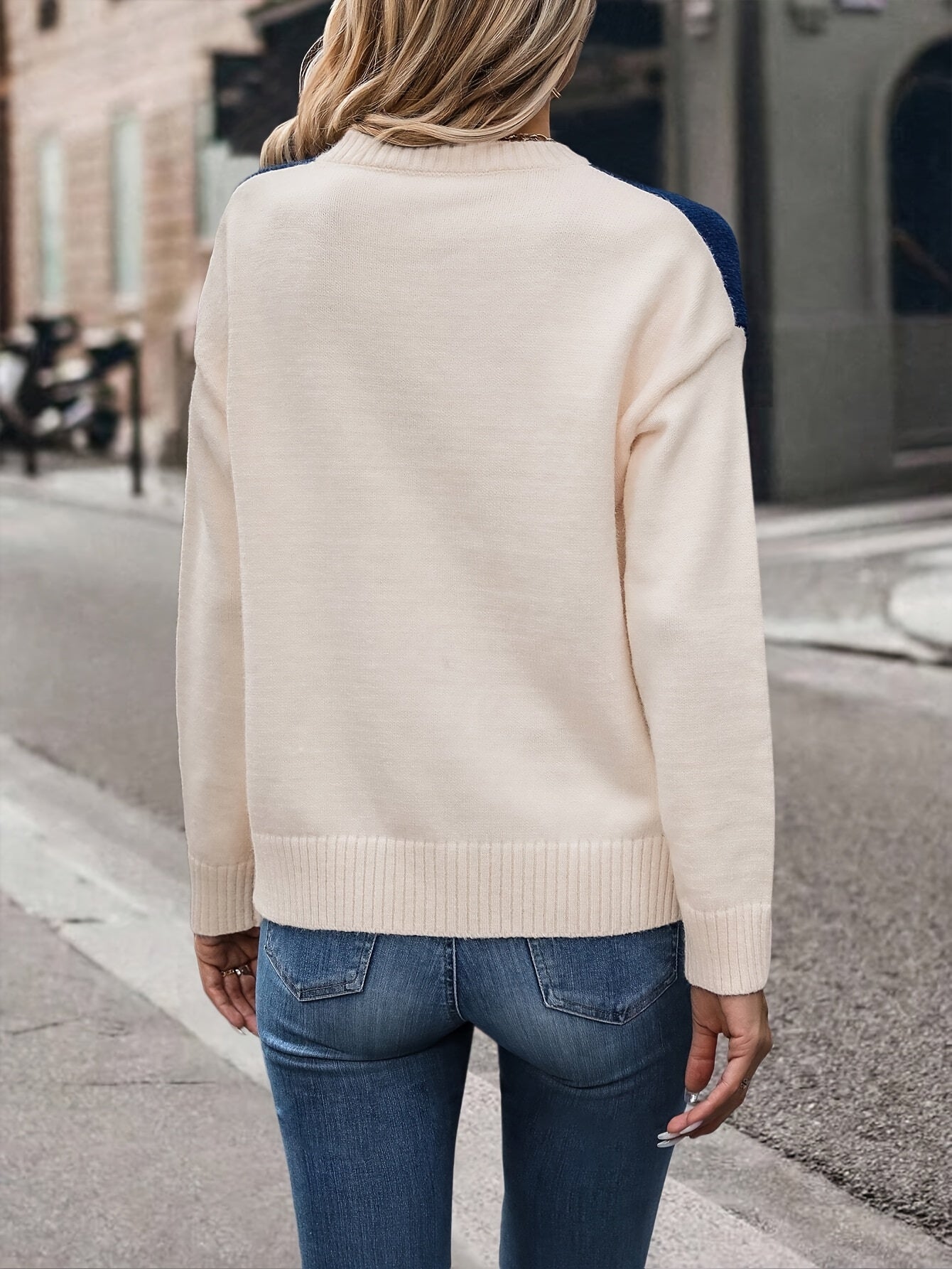 Women's Color Block Round Neck Pullover Sweater - Navy Blue & Mustard Yellow Drop Shoulder Long Sleeve Top, Machine Washable Spring\u002FFall Casual Elegant Sweater, Cute Sweaters, Spring Fall Apparel, Comfortable Knitwear