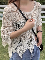 Elegant Crochet Hollow-Out Knit Top - Breathable Cotton Blend, Semi-Sheer, Round Neck - Perfect for Spring & Summer