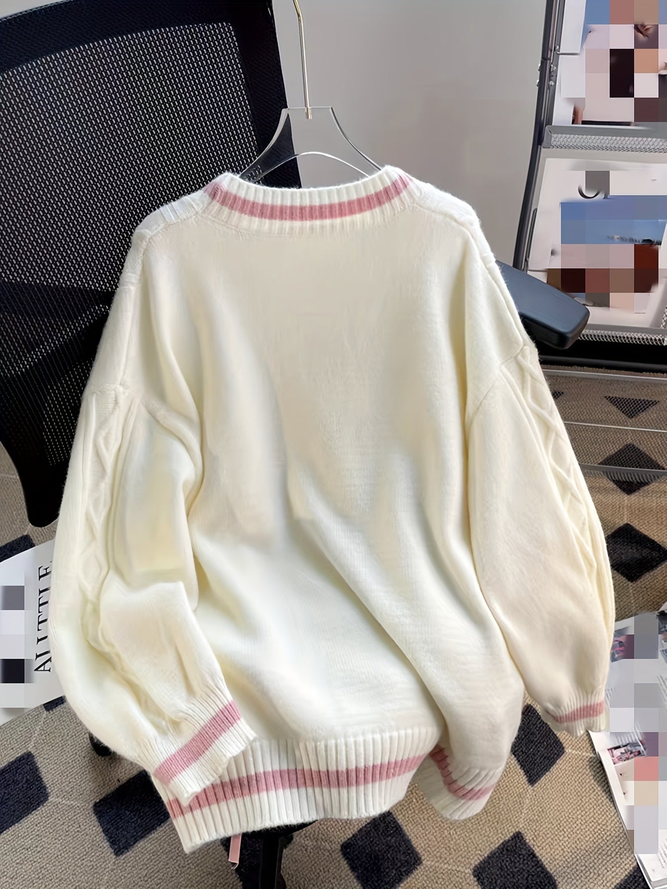 Women'S V-Neck Cardigan with Color Block Design, Acrylic Blend Knit Sweater, with Button Details and Drawstring for All Seasons