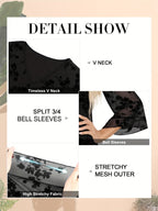 Women's Floral Print V-Neck Blouse with 3\u002F4 Flared Sleeves - Double-Layer Elastic Mesh, Loose Fit Flowy Tunic Top for Casual & Work, Spring\u002FSummer Semi-Sheer Shirt, Ladies Blouses