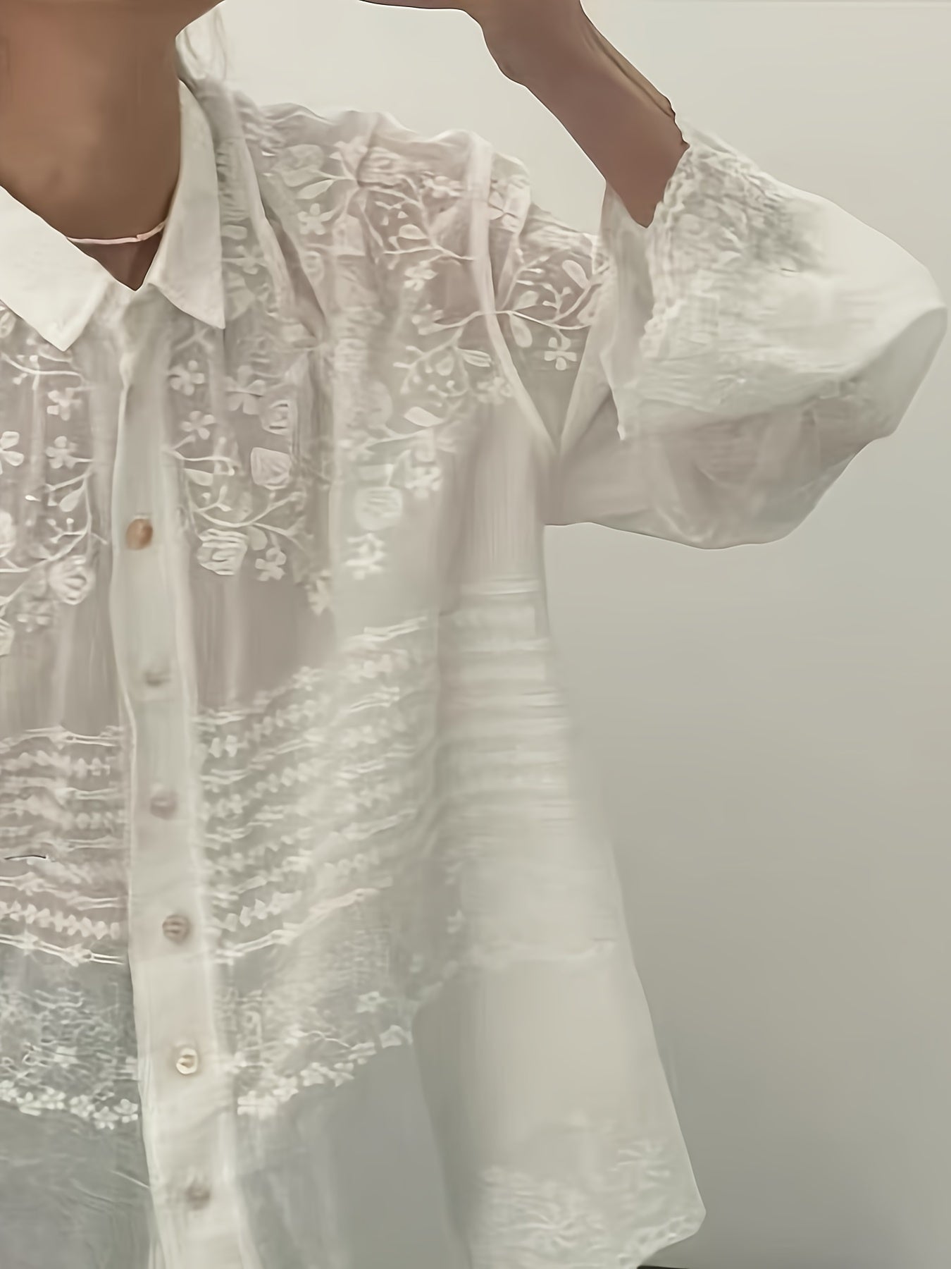 Seasonal Versatility Elegant French Vintage-Inspired Long Sleeve Crochet Blouse for Women - Sheer White Button-Up Shirt with Delicate Lace Detailing, Casual Loose Fit, Perfect for Spring and Fall