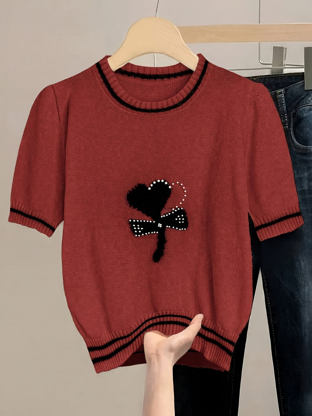 Chic Pink Knit Sweater with Bow Detail - Casual Crew Neck, Beaded Accents, Ribbed Cuffs & Hem, All-Season Women'S Fashion Top, Stylish Layering Piece | Bow Detail Top | Knitted Textur