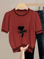 Chic Pink Knit Sweater with Bow Detail - Casual Crew Neck, Beaded Accents, Ribbed Cuffs & Hem, All-Season Women'S Fashion Top, Stylish Layering Piece | Bow Detail Top | Knitted Textur