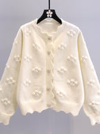 Women's Fashion Knit Cardigan, Round Neck, Embellished 3D Floral, Long Sleeve, Wavy Hem, Solid Color, Polyester, Regular Length, Button Detail, Elegant Style, Autumn\u002FWinter Season